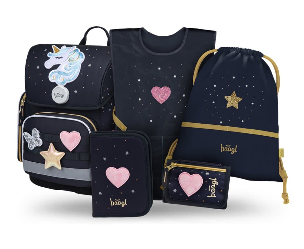 BAAGL SET 5 Ergo Unicorn Gold: aktovka, penál, sáček, zástěra, peněženka
